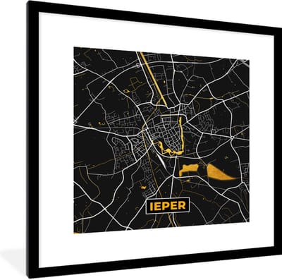 Fotolijst incl. Poster - Kaart - Ieper - Stadskaart - Plattegrond - Goud - 40x40 cm - Posterlijst