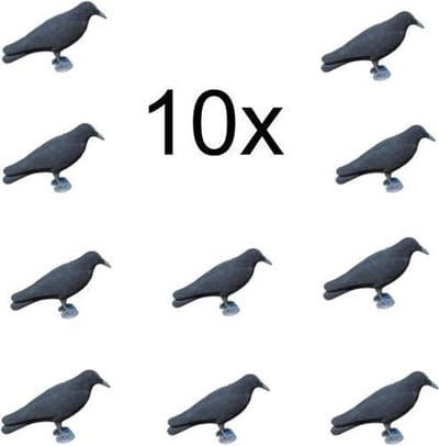 10x zwarte kraai Vogelverschrikker/duivenverjager - Halloween decoratie - XL Kraai geflockt  - ProLoo nep kraai 41cm incl. grondpin zwart geflockt - vogelverjager