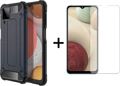 Ntech Hoesje Geschikt Voor Samsung Galaxy A12 hoesje – Met Screenprotector Rugged Armor Hoesje - Shockproof case - Zwart