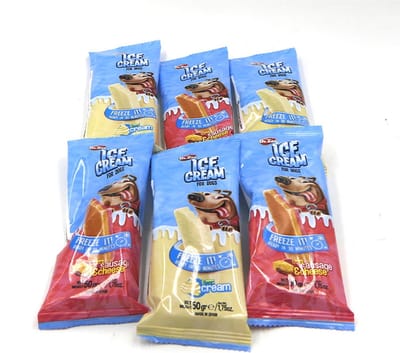 6 X Dr Zoo ICE CREAM voor honden 6 x 50 gr waarvan 3 x flavour cream en 3 x sausage en cheese. zeer lekker, verkoelend op hete dag, enkel 30 minuten in diepvries en de snack wordt een hondenijsje