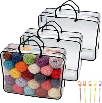 Set van 3 transparante opbergzakken voor wol, opbergtas voor garen met markeerclip en naainaald, haaktas met ritssluiting en handvat, gebreide haakopslag, zwart