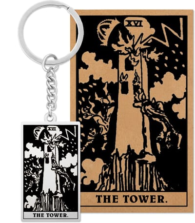 Tarot Sleutelanger XVI: De Toren / The Tower - Op Cadeau Kaartje - Zilverkleurig Stainless Steel - Grote Arcana uit Rider-Waite Geïnspireerd - Pax Amare