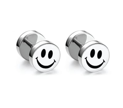RVS studs oorbellen mannen - heren - smiley - zilver - zwart/zilver - roestvrij staal - Ø 8 mm