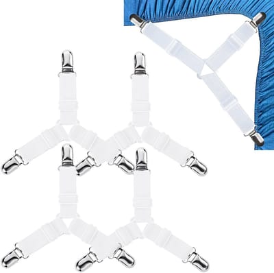 Verstelbare Bedlakens Klemmen met Metalen Clips, Elastische Tensioners voor Bedlakens, 4 Stuks, Wit