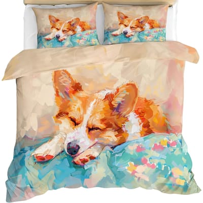 Cartoon Hond Leuke Corgi Hond Print Dekbedovertrek Sets, Polyester 3D Digitale Print Beddengoed Set King Size Print Kindercadeau 90X200cm-2pcs