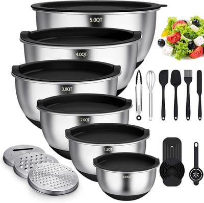 Unyqoos ® Complete Keukenmengkommen Set van 6 Stuks met Deksel, Siliconen Bodem en Raspopzetstukken