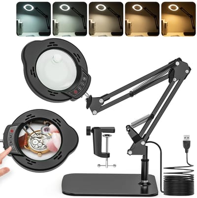 Dailygoods - 2-in-1 vergrootglas met licht en standaard, 15 x 10 x vergrootlamp met klem en basis, led-bureauvergrootlamp met 5 kleurmodi en 10 helderheidsniveaus voor hobbyambachten, reparatie, lezen