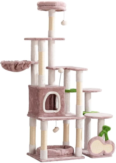 krabpaal voor katten 'kers' roze sisal 162 cm kattenboom krabboom kattenpaal met huisje