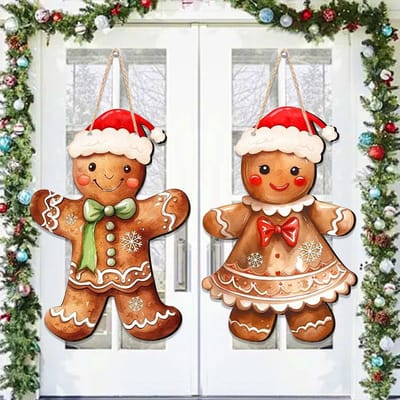 Dailygoods- Kerstdeurhanger Peperkoekmannetje - 2 Stuks - Houten Decoratie - 30 x 15 cm - Schattige Versiering - Voor Binnen/Buiten - Kerstdecoratie