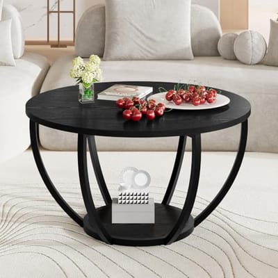 Ronde salontafel met opbergplanken, houten 2-laags cirkel design, zwart, voor woonkamer en thuiskantoor