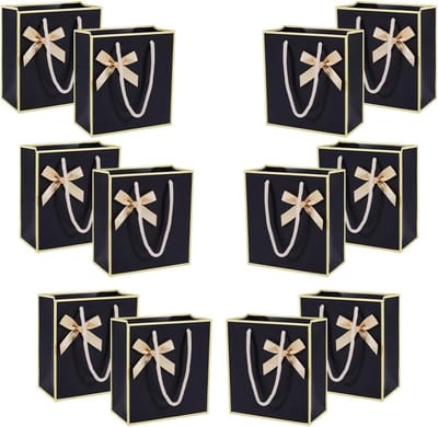 12 stuks papieren zakken - zwart - met handvat en lint strik - 14 x 7 x 15 cm - feestzakjes voor geschenken - goodiezakjes voor Kerstmis - zaken - winkelen - bruiloft - verjaardagsfeest.