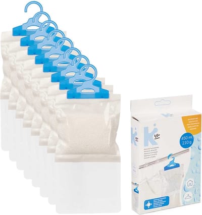 Vocht opnemende korrels 450 gram - 8x - Tegen schimmel/condens/geur - kledingkasten - vochtvanger aan ophang haak - 12 x 20 x 3 cm