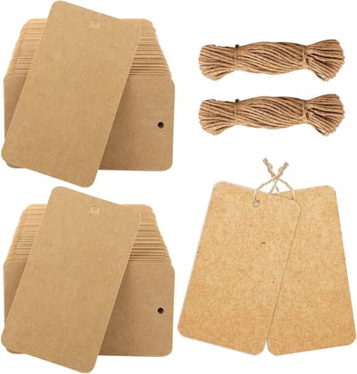200 Stuks Kraft Papieren Cadeau Labels 9 x 5 cm - Dikke Schrijfbare Tags met Jute Touw voor Bruiloft, Kerst en Verjaardag