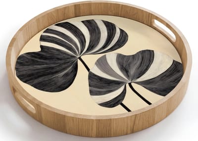 Dienblad rond 40x40 cm - Schootdienblad hout - Zwart - Bladeren - Strepen - Minimalistisch - Borrelplank rechthoek - Plateau houten dienbladen