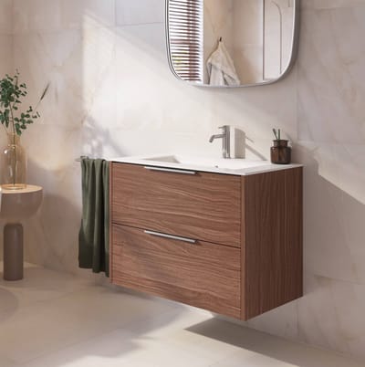 Saqu Lima badmeubel incl. glans witte keramische wastafel 80x51x61cm noten urban – chromen greep