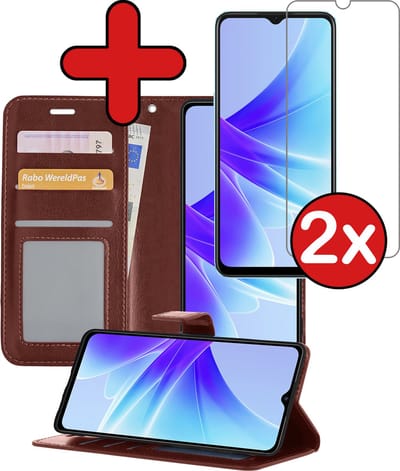 Hoesje - Met 2x Screenprotector - Geschikt voor OPPO A17 - Luxe Pasjeshouder - Flip Case - Bookcase Portemonee - Kunstleer Book Case - Flipcase Hoes - Book Cover - Walletcase - Portemonneehoes - Telefoonhoes - Bruin