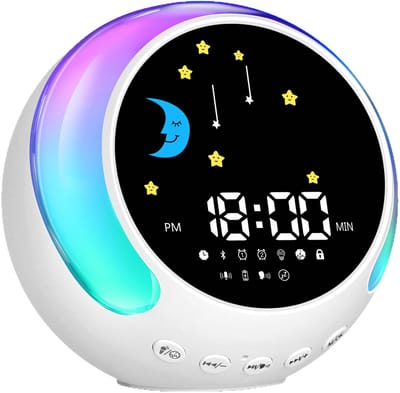 Slaaptrainer–Kinderwekker–Slaapwekker—Oplaadbaar–Nachtlampje voor kinderen–Met dimfunctie–Slaaplampj –Witte ruis – Bluetooth-luidspreker – Met nachtlampje en wekkerfunctie – Slaapondersteuning voor peuters en oudere kinderen – Nachtlampje voor baby’s
