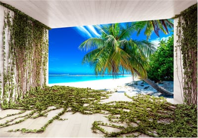 Fotobehangkoning - Behang - Vliesbehang - Fotobehang Uitzicht op het Paradijs - Zon - Zee - Strand - Palmboom - Beach and Ivy - 150 x 105 cm
