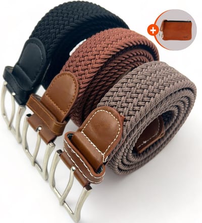 3 pack elastiek stretch riem - Elastische broekriem Stretch riem Vlecht riem Gevlochten riem Elastiek riem - unisex - Zwart, Beige en Taupe.