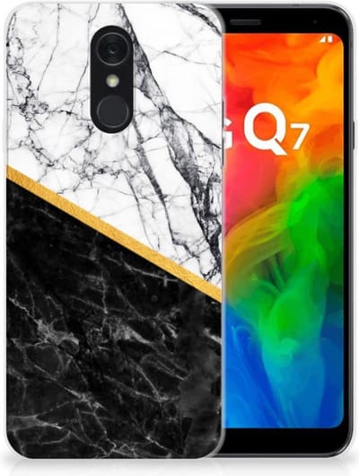 Back Cover voor LG Q7 TPU Siliconen Hoesje Marmer Wit Zwart - Origineel Cadeau Man