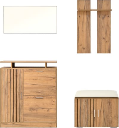Halgarderobeset, wandmontage; garderobeset met schoenenbankje en schoenenkast, 1 spiegel, 4 haken, 5 deuren, naturel, B140 × D35 × H133 cm