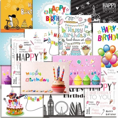 Dailygoods- Verjaardagskaarten set van 20 - Wenskaarten met envelop - Hoogwaardige matte folieomslag - Unieke ontwerpen - Kaartmaat 18x12 cm - Beschrijfbaar papierdesign