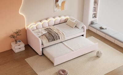Daybed - 90x200cm Daybed met uitschuifbaar bed, slaapbank, eenpersoonsbed (zonder matras) - Fluweel - Kleurveranderende sfeerverlichting - Afstandsbediening - Minimalistische styling - Roze