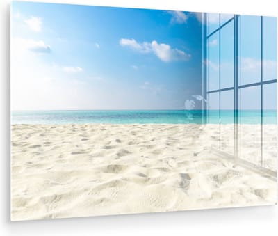 MuchoWow® Glasschilderij 180x120 cm - Schilderij acrylglas - Strand - Licht - Zon - Foto op glas - Muurdecoratie woonkamer - Wanddecoratie slaapkamer - Schilderijen