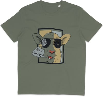 Grappig Dames en Heren T Shirt - Cartoon Schaap - Tekst: Hey Sheep - Khaki Groen - XS