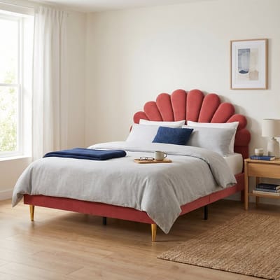Tweepersoonsbed 140x200 cm - Verstelbaar Bloemblad Hoofdbord - Metalen en Houten Frame - Fluweel - Elegant Design - Rood