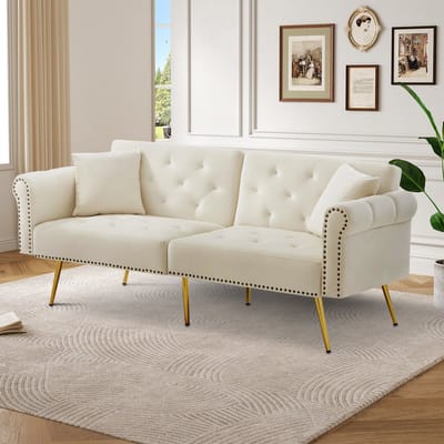 DESMIU Slaapbank 173 X 75 X 70 Cm - 3 Standen Verstelbare Dubbele Rugleuning Met Slaapfunctie - Voor Kleine Ruimtes - Fluweel Beige