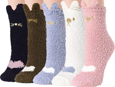 Fluffy Dames Sokken - 5 paar - Huissokken - Giftbox - grijs - wit - roze - bruin - 36 - 40 - leuke print kat - extra zacht - cadeau voor haar - Kerst cadeau - Valentijnscadeau - gift - geschenk vrouwen - Pluche Sokken - winter warm sokken