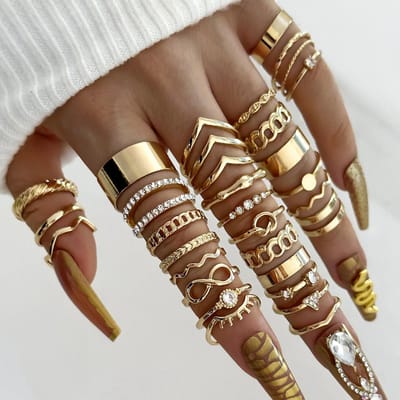 Ensemble de 30 pièces Tendance de Luxe Couleur Dorée Géométrique en Forme de 8 Bagues avec Zircone Imitation Perle Pour Doigts de Femmes Ensemble Multi-Pièces Bijoux Charme brown