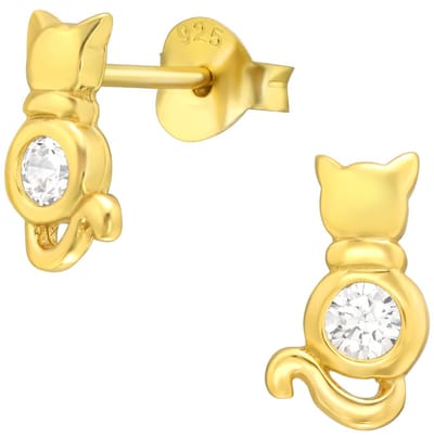 Joy|S - Zilveren kat poes oorbellen - 5 x 9 mm - zirkonia - oorknoppen - gold plated