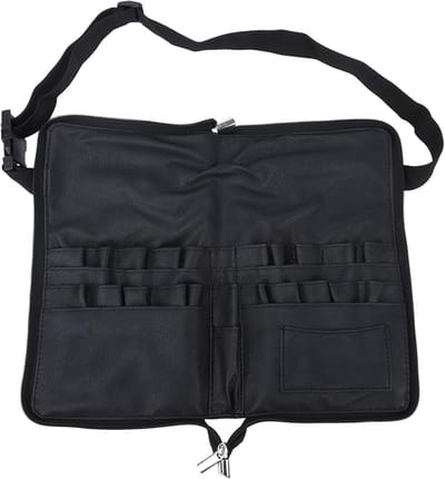 Draagbare Make-up Borstelhouder met 23 Vakken, Verstelbare Schouderband voor Make-up Artists en Beauticians, PU Materiaal, Zwart, 34 x 27 cm