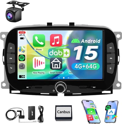 ESSGOO Autoradio Geschikt voor Fiat 500 2016-2019 - Android 15 4+64GB- Apple Carplay & Android Auto (Draadloos) - 7'' Touchscreen - DAB & Achteruitrijcamera