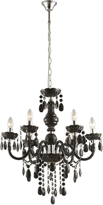 Kroonluchter metalen hanglamp slaapkamer chroom kroonluchter hanglamp 5 vlammen chroom, acryl decor zwart, 6x E14, DxH 67x166cm