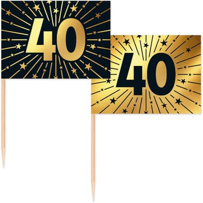 50 Vlagprikkers goud / zwart 40 jaar - Golden Celebrations - Hapjes Cocktailprikkers Tapas Prikkers Feestje