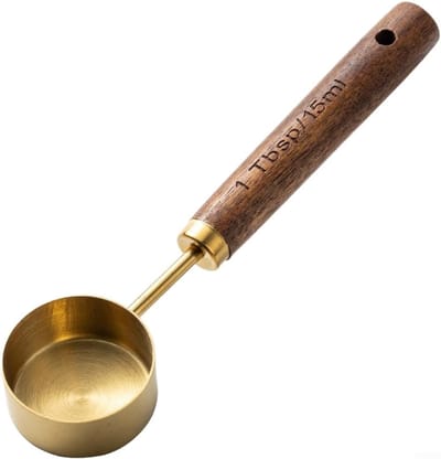 Koffie maatscheplepel, roestvrij staal 15 ml met walnoot handvat voor gemalen koffiebonen melkpoeder schep (gouden 15 ml)