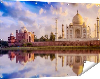 Gards Tuinposter Taj Mahal bij het Water in India - 120x80 cm - Tuindoek - Tuindecoratie - Wanddecoratie buiten - Tuinschilderij