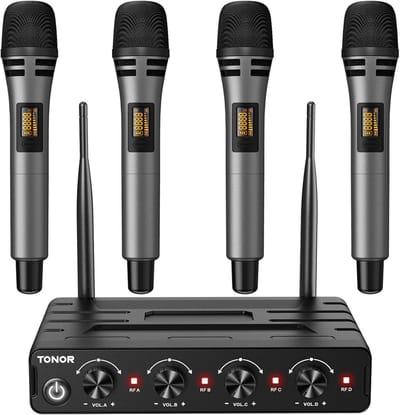 Draadloos Microfoonsysteem met 4 Handheld Mics, UHF, 60M Bereik voor Karaoke en Optredens