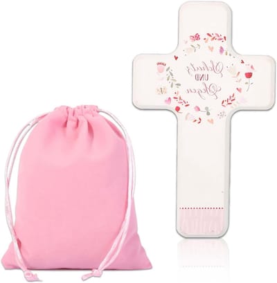 Houten Kruisdecoratie voor Kinderen met de Tekst 'God zegene en bescherm je' - Prachtige Wand- en Tafeldecoratie met Hangzak, Perfect als Cadeau voor Doop of Verjaardag