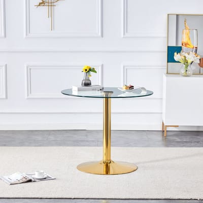Wishdor - Ronde Tafel - Gehard Glazen Tafelblad En Stabiele Metalen Voet - Modern Minimalistisch Ontwerp - Voor Horeca - Glas En Metaal - Goudkleurig En Transparant - Diameter 85 Cm, Hoogte 76 Cm