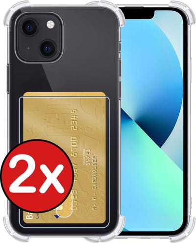 Hoesje - 2 Stuks - Geschikt voor Apple iPhone 14 - Met Pashouder en Kaarthouder - Telefoon Hoes Shockproof - Back Cover - Siliconen Case - Shock Proof - Pasjes Houder - Telefoonhoes - Transparant