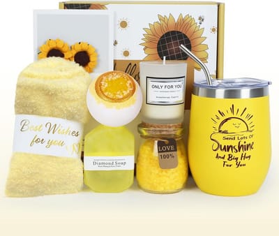 Persoonlijke Cadeaus voor Vrouwen - Verjaardagscadeau Box met 35ml Mok voor Ontspanning en Wellness, Perfect voor Moeder, Vrouw, Zus of Beste Vriendin in Zonnebloem Geel