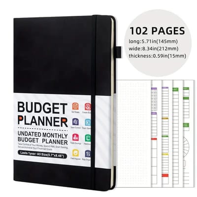 Budget Planner Boek – 12 Maanden Financieel Overzicht – Dagelijks/Weekelijks/Maandelijks Kasboek – Uitgaven Tracker – Faux Lederen Hardcover – 102 Pagina’s – Budget Organizer met Penlus – 14,5x21cm – Ongedateerd - Zwart