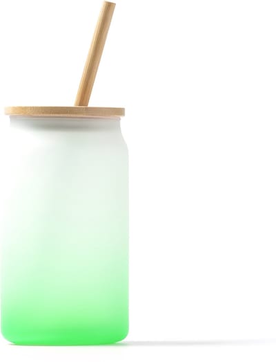 2 stuks tumbler met kleurverloop in borosilicaatglas groen, 350 ml, bamboe deksel en rietje Merk Stamina model Dalby