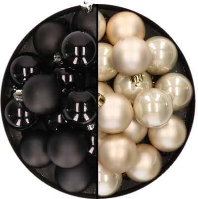 32x stuks kunststof kerstballen mix van zwart en champagne 4 cm - Kerstversiering