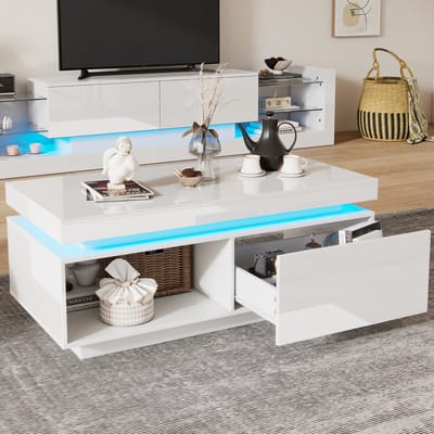 HAUSS SPOLE TV Meubel - Set 181x38x38 cm + 100x50x40.3 cm - TV-Kast Met Salontafel En LED Verlichting - Hoogglans Design Voor Woonkamer - Spaanplaat - Wit