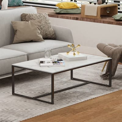 Venzor - Gesinterde Stenen Salontafel – 100×60×43 cm – Rechthoekig – Modern Minimalistisch – Wit met Zwart Metalen Frame – Luxe Woonkamer Tafel
